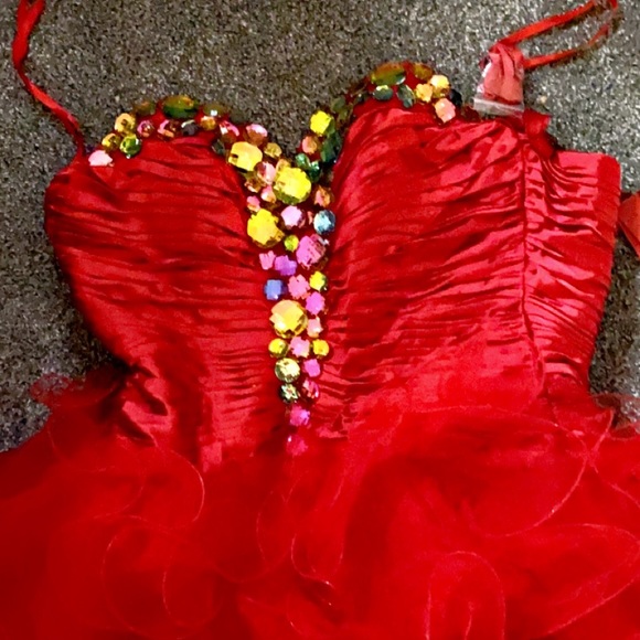 Red  Rhinestone Ruffle strapless dress - Picture 3 of 5